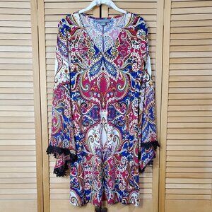 Kate & Mallory Paisley Print Dress With Long Bell Lace Trim Sleeves XS